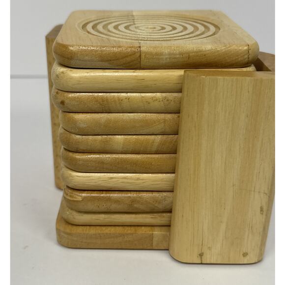 Set of 8 Wooden Drink Coasters with Holder Engraved Circles Rustic Decor - Picture 4 of 9